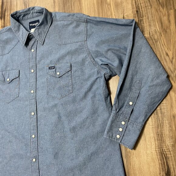Wrangler Western Pearl Snap Light Wash Denim Long Sleeve Shirt Mens XXL - Picture 5 of 11